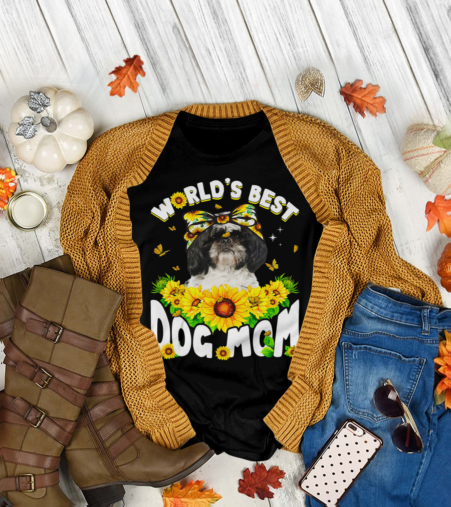 World's Best Shih Tzu Dog Mom Sunflowers and Butterflies T-Shirt
