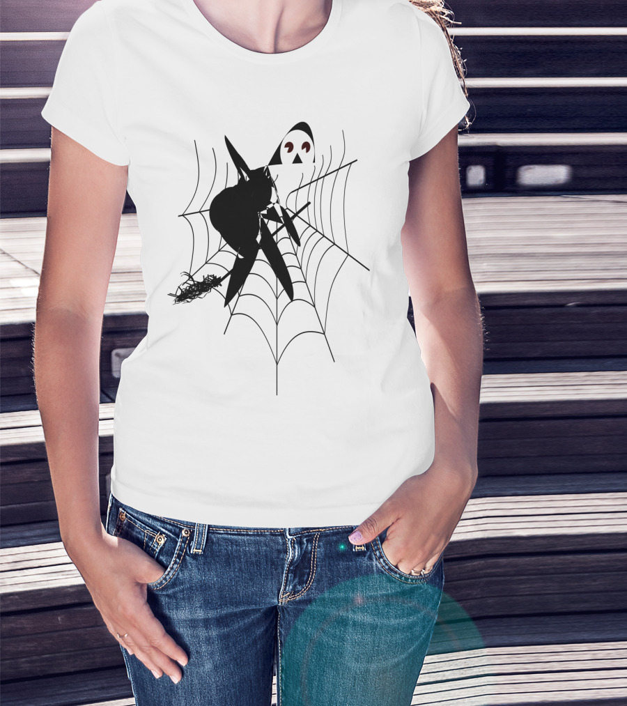 THE WITCH'S HOUSE SPIDERWEB LOGO BLACK CAT AND BROOMSTICK SILHOUETTE HALLOWEEN T-Shirt