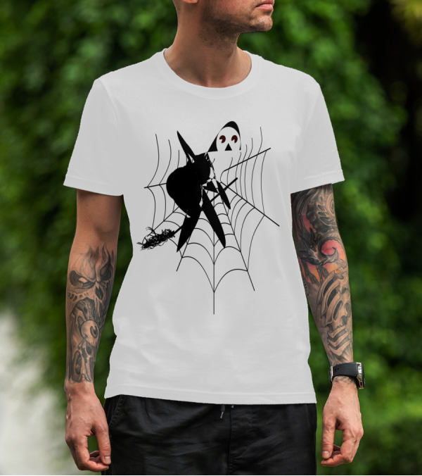 THE WITCH'S HOUSE SPIDERWEB LOGO BLACK CAT AND BROOMSTICK SILHOUETTE HALLOWEEN T-Shirt