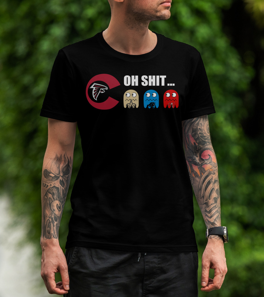 Atlanta Falcons Logo Pac-Man Ghosts Oh Shit Reaction T-Shirt