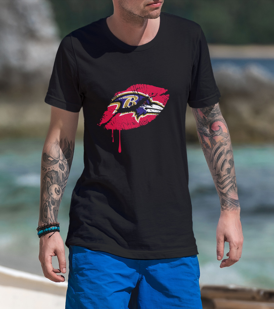 Baltimore Ravens Logo On Red Lip Print T-Shirt