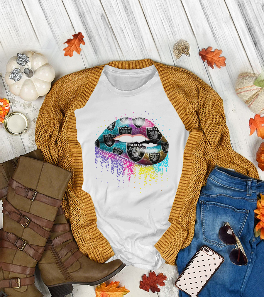 Lips With Colorful Glitter And Raiders Logo T-Shirt