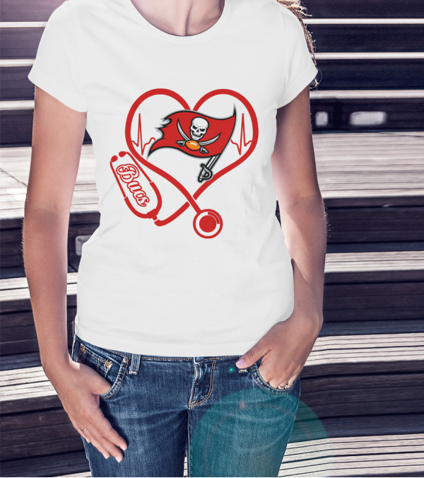 Bucs Heartbeat Nurse Stethoscope Pirate Flag T-Shirt