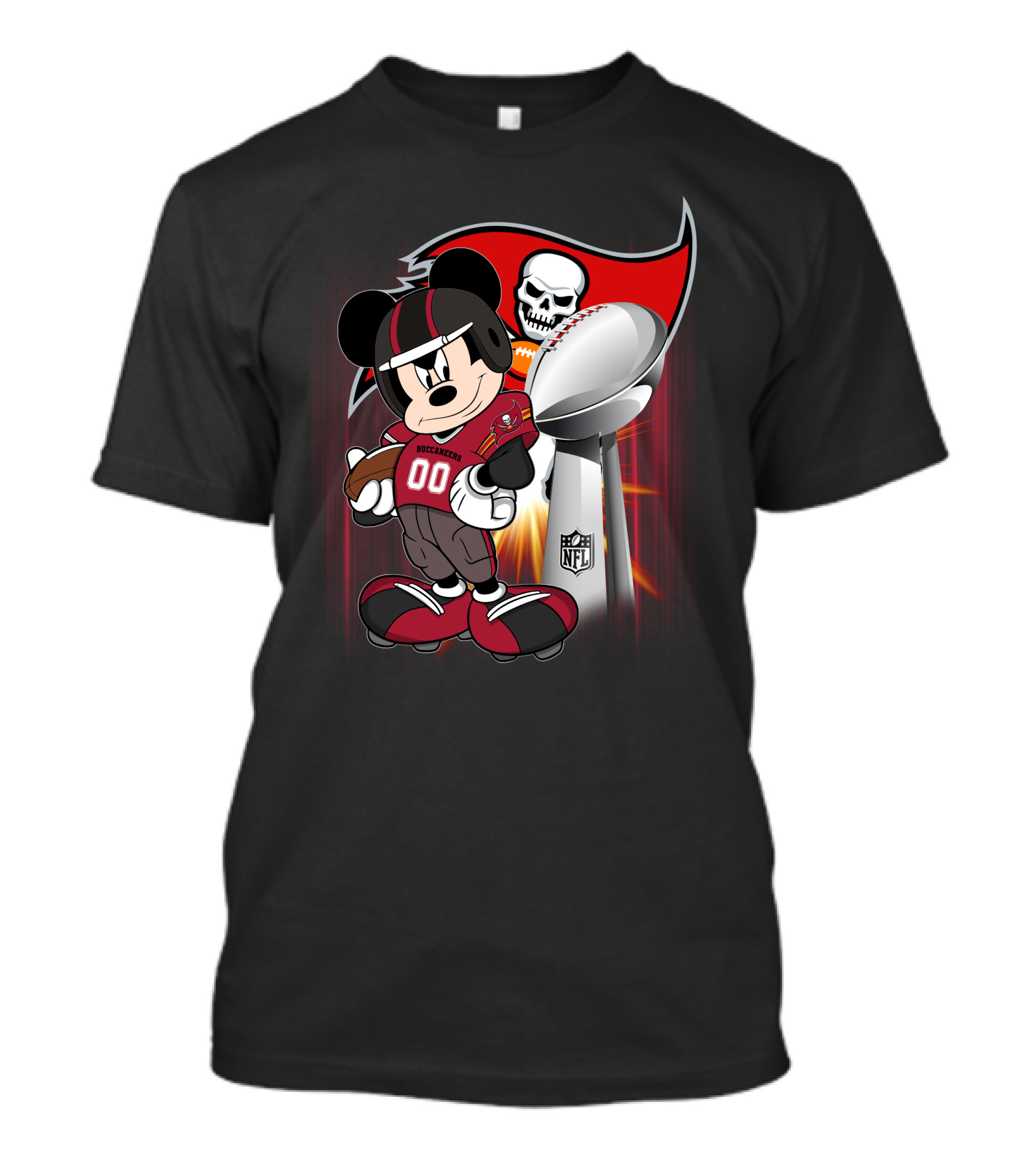 Mickey Buccaneers Nfl Super Bowl Trophy Football Fan Character With Logo And Skull T-Shirt