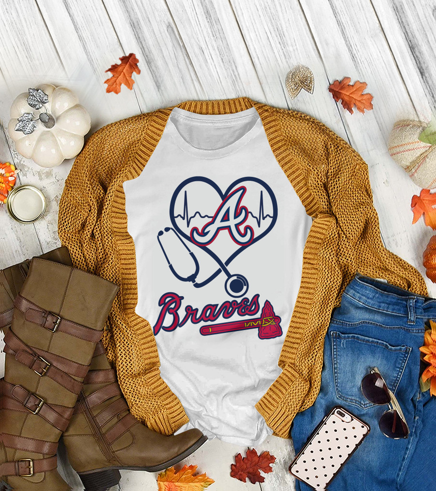 Nurse Heartbeat Stethoscope Atlanta Braves T-Shirt