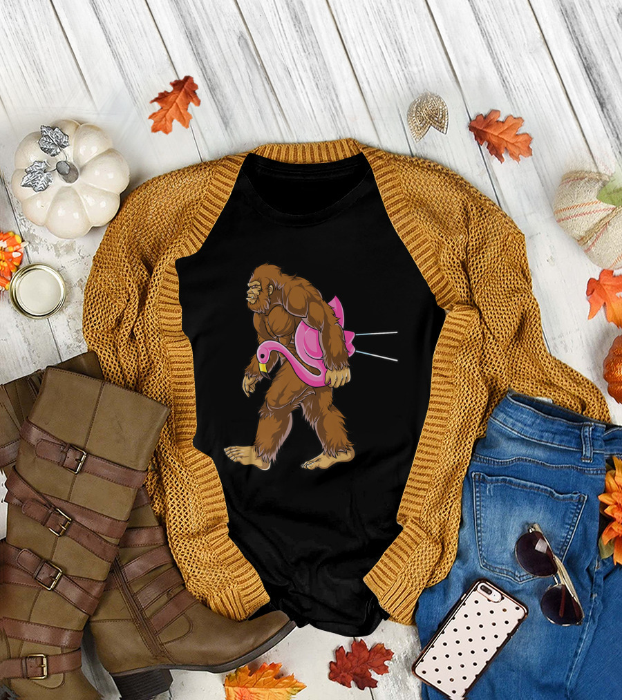Bigfoot Sasquatch Carrying Pink Lawn Flamingo Funny Scene T-Shirt