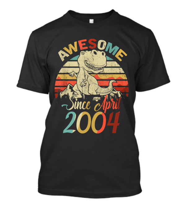 Awesome Since April 2004 Vintage Dinosaur Retro Stripes T-Shirt