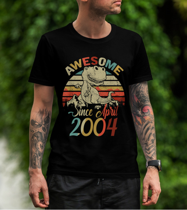 Awesome Since April 2004 Vintage Dinosaur Retro Stripes T-Shirt
