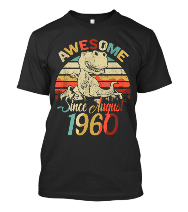 Awesome Since August 1960 Vintage Birthday Dino Retro Stripes T-Shirt