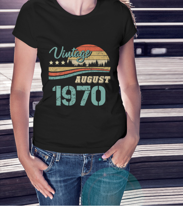 Vintage August 1970 Retro Sunset Forest Stars T-Shirt
