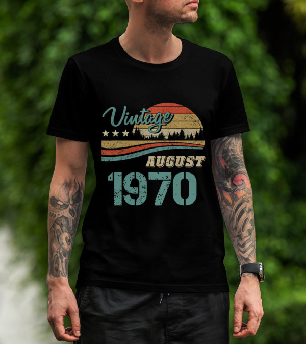 Vintage August 1970 Retro Sunset Forest Stars T-Shirt