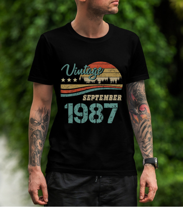 Vintage September 1987 Retro Sunset Forest Scene T-Shirt