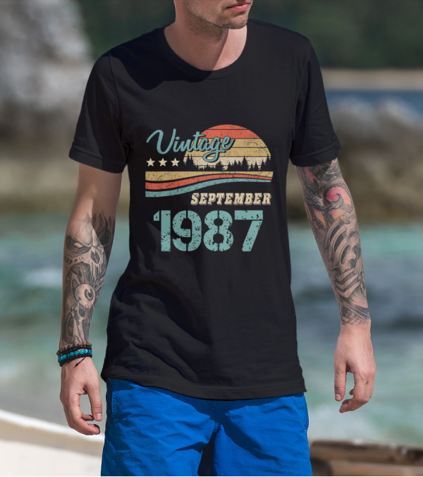 Vintage September 1987 Retro Sunset Forest Scene T-Shirt