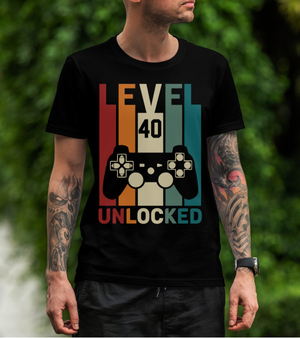 LEVEL 40 UNLOCKED Video Game Controller Retro Stripes T-Shirt