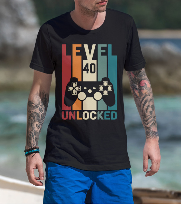 LEVEL 40 UNLOCKED Video Game Controller Retro Stripes T-Shirt