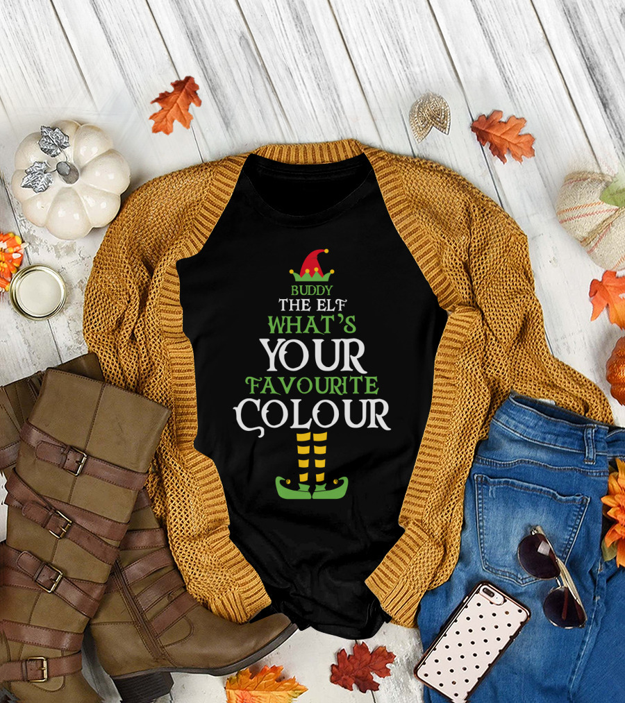 Buddy The Elf What's Your Favourite Colour Christmas Elf Hat and Shoes T-Shirt