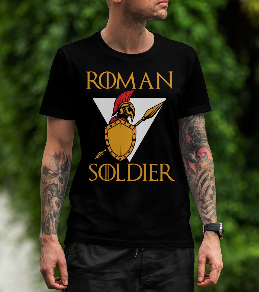 Roman Soldier Helmet Shield Spear Triangular Emblem T-Shirt