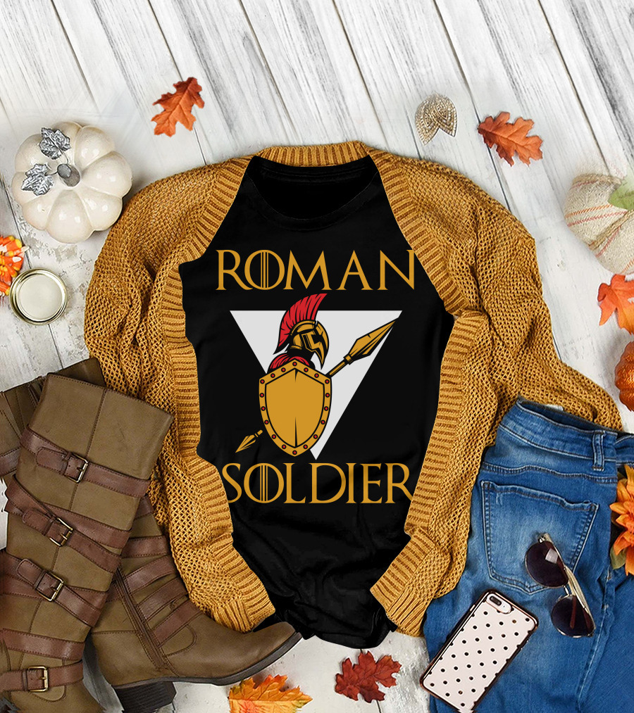 Roman Soldier Helmet Shield Spear Triangular Emblem T-Shirt