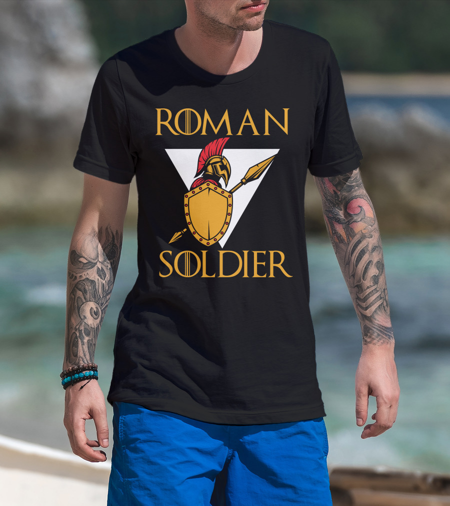 Roman Soldier Helmet Shield Spear Triangular Emblem T-Shirt