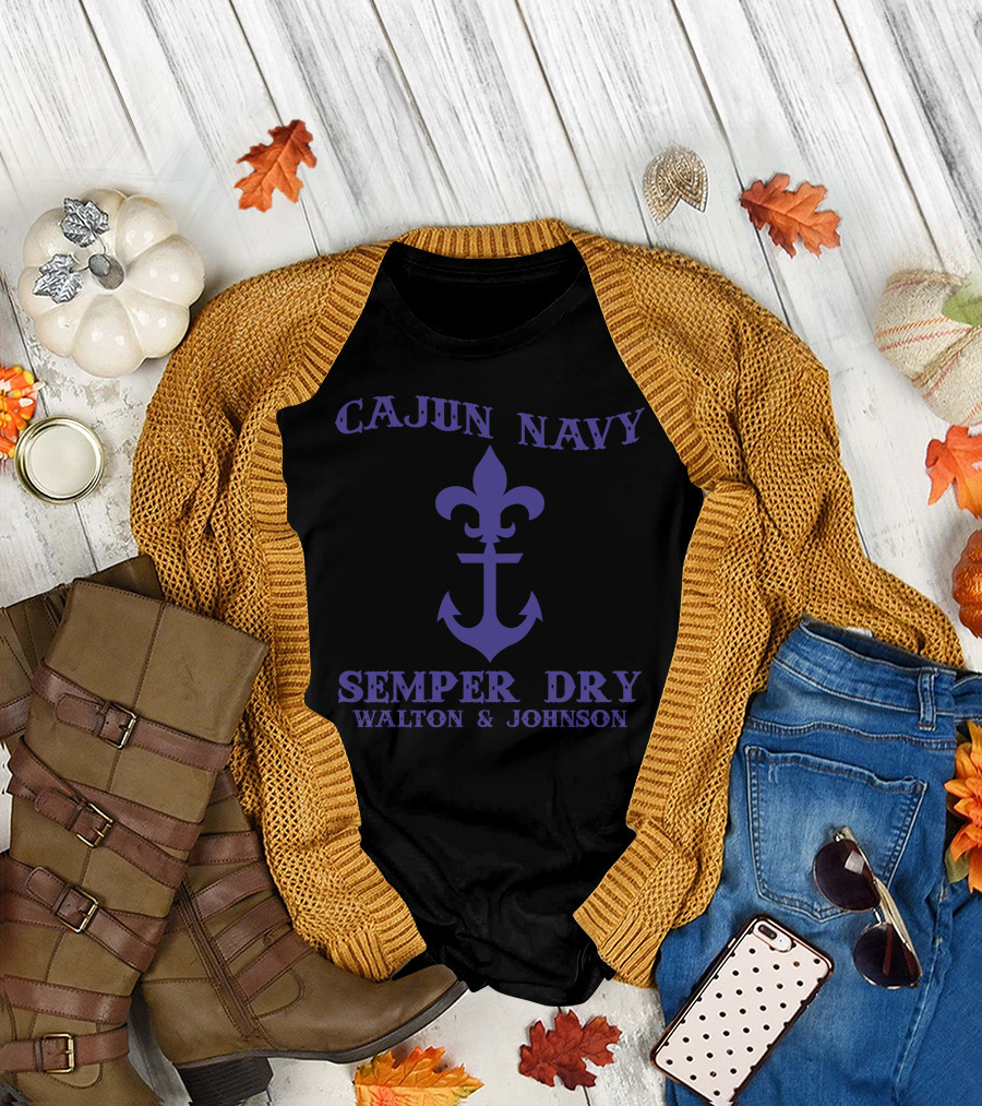 Cajun Navy Semper Dry Walton And Johnson Fleur De Lis Anchor T-Shirt