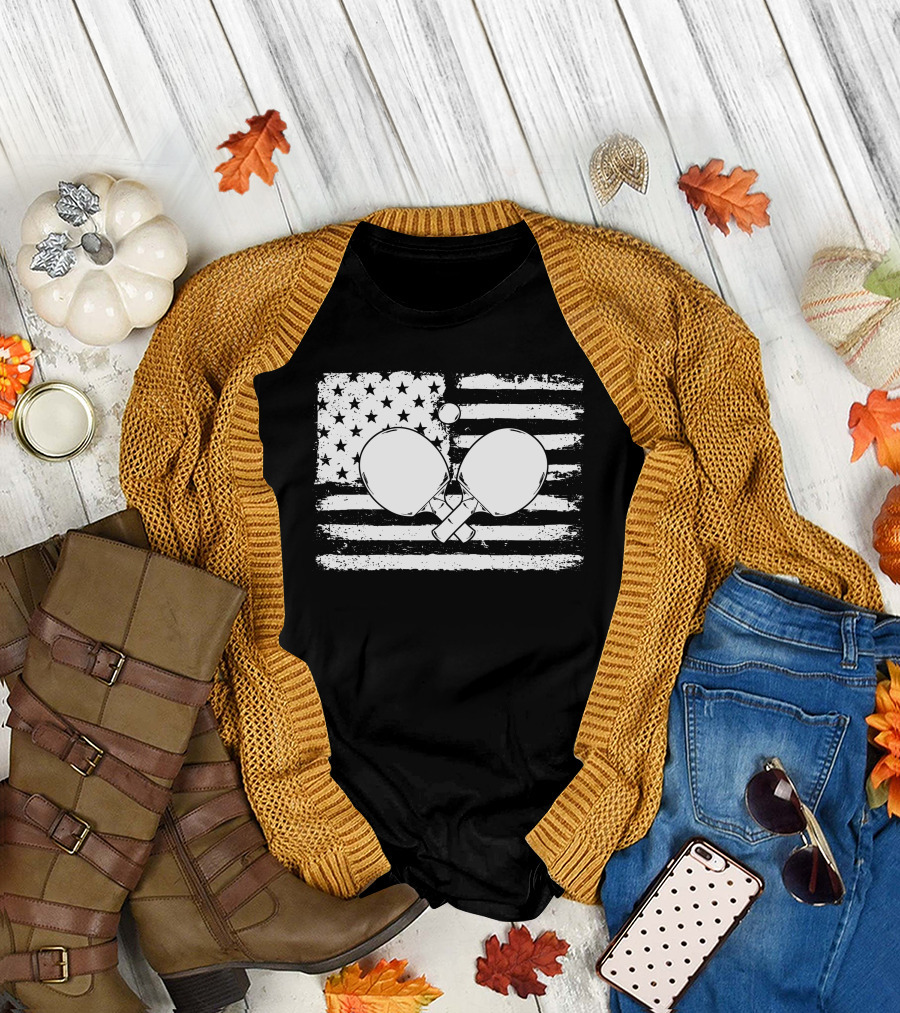 USA Flag Table Tennis Paddle and Ball T-Shirt