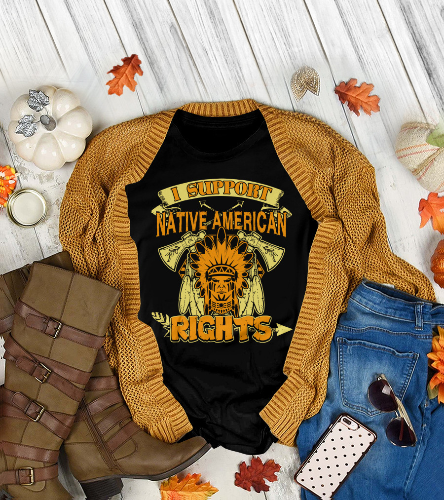 I Support Native American Rights Chief Headdress Crossed Tomahawks T-Shirt