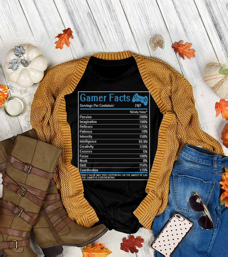 Gamer Facts Nutrition Label Servings Per Container 24/7 with Controller T-Shirt