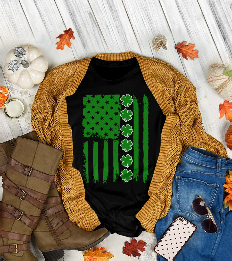 St. Patrick's Day Irish American Flag with Green Shamrocks T-Shirt