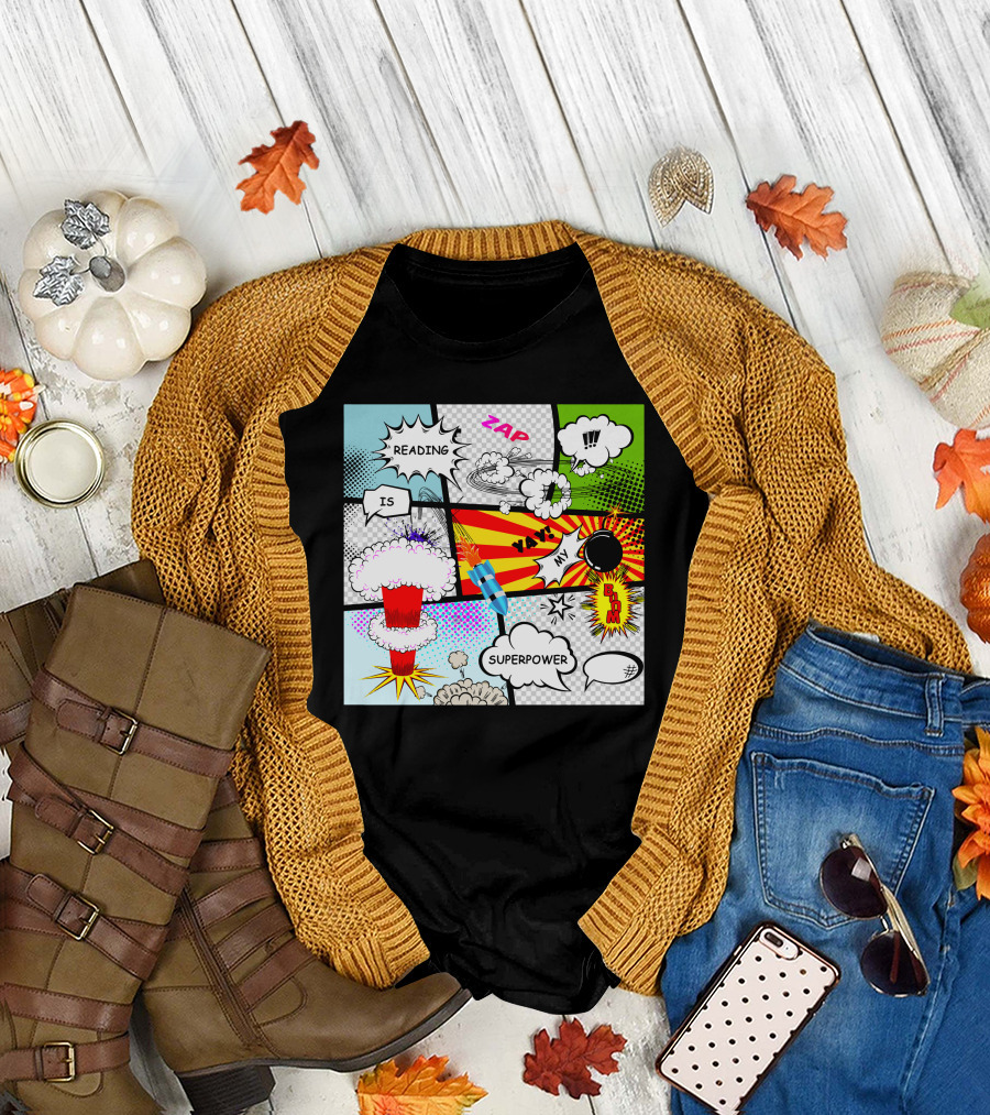 Reading is My Superpower Comic Book Zap Boom Explosion Pop T-Shirt