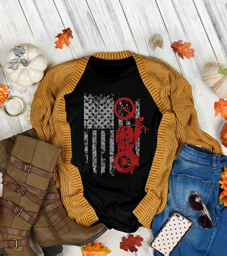 MOTORCYCLE American Flag Grunge Style with Red Bike T-Shirt