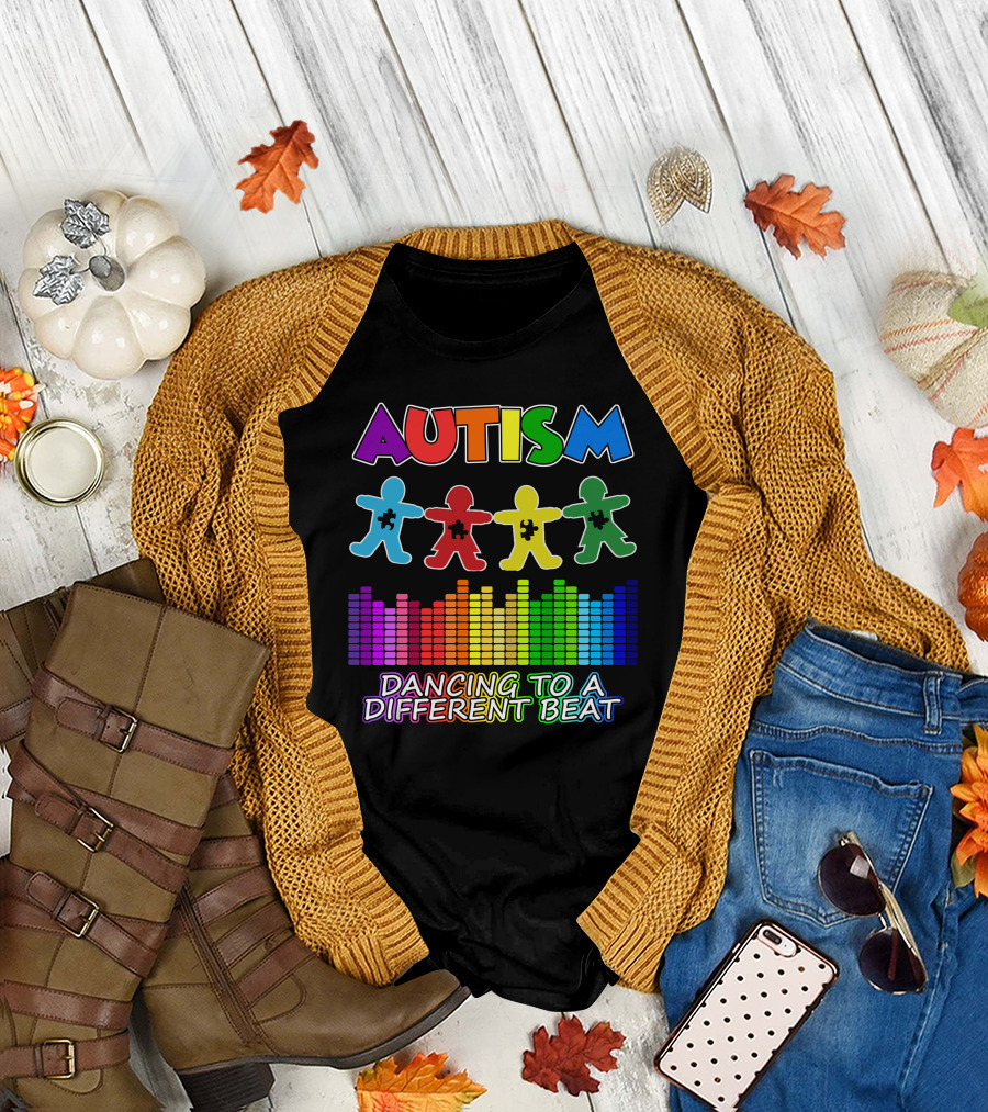 Autism Awareness Dancing to a Different Beat Puzzle Piece Figures with Music Equalizer T-Shirt