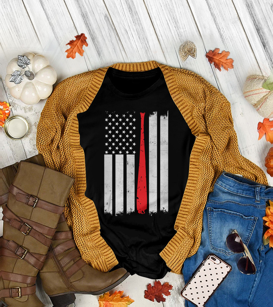 American Flag Baseball Bat USA Support T-Shirt