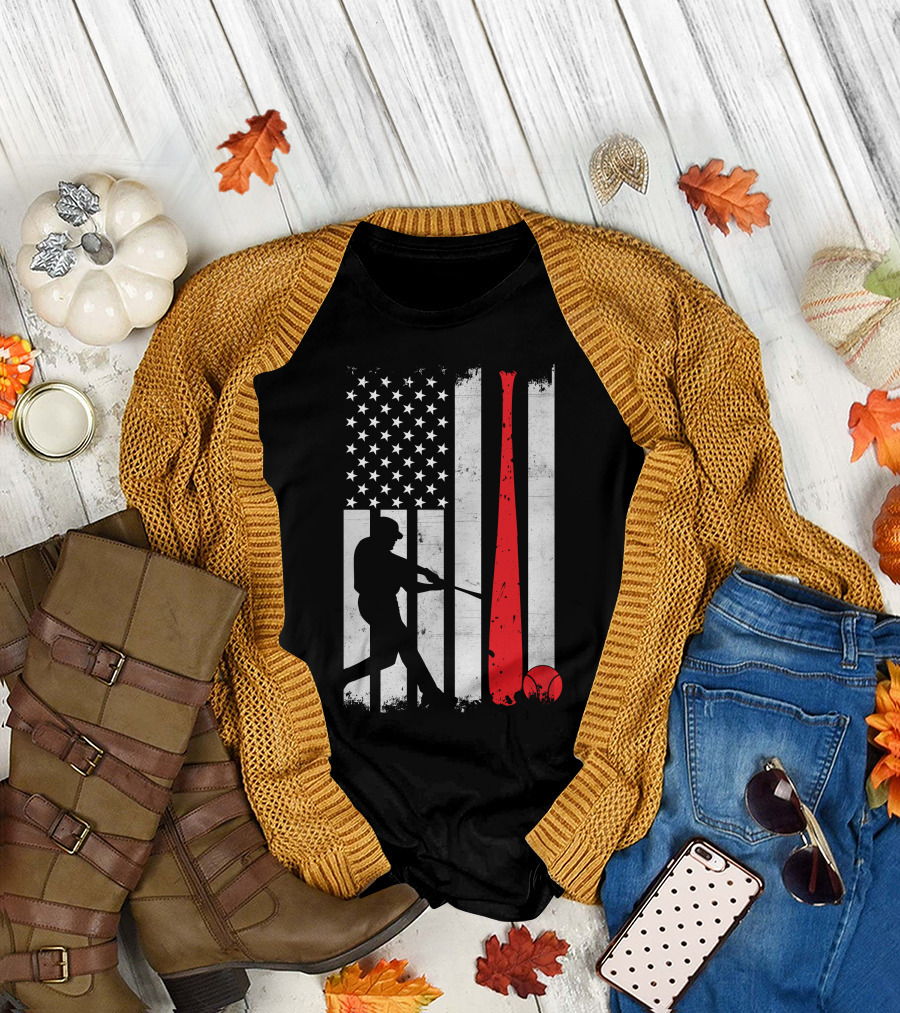 Baseball American Flag Batter Silhouette with Red Bat and Ball T-Shirt